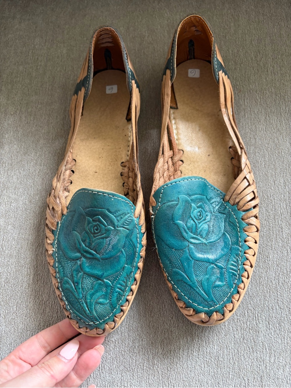 Handcrafted Teal Floral Leather Huarache Flats